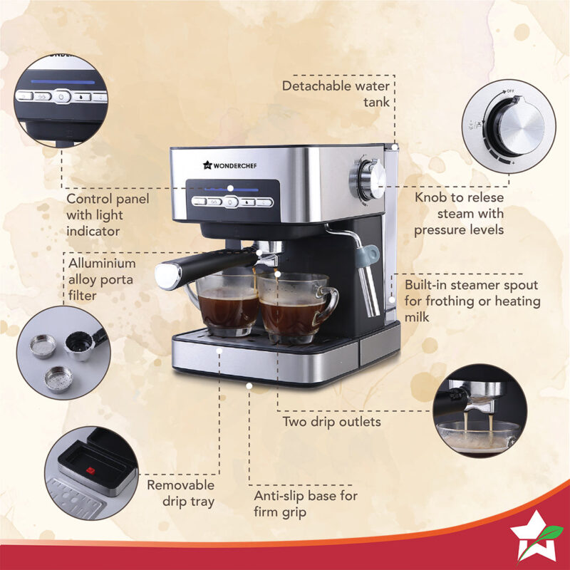Regalia Espresso Coffee Maker 20 Bar | Ideal for Espresso, Cappuccino, Latté, Macchiato or Ristretto at Home | with Steamer Spout for Cappuccino & Latte | Professional Style Coffee | Works with Coffee Powder | 2 Years Warranty | Steel - Image 3