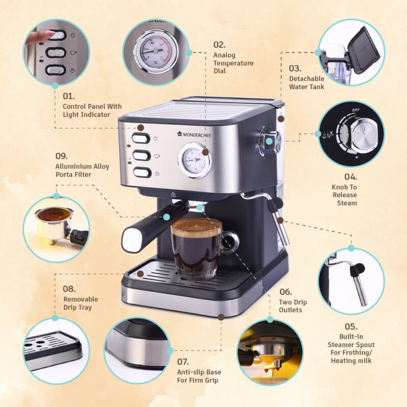 Regenta Espresso Coffee Machine, 19-bar, Make Espressos, Cappuccinos & Lattes at Home, With Steamer, Metal Porta Filter, Temperature Dial, 2 Year Warranty - Image 6