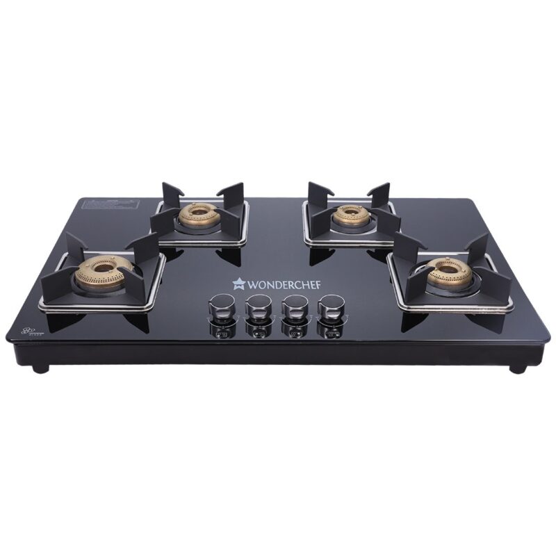 Octavia 4 Burner Glass Hob Top Manual Cooktop | 8mm Toughened Glass | Manual Ignition | Forged Brass Burners | Stainless Steel Drip Tray | Anti-Skid Legs | Large & Heavy Pan support | LPG compatible | Black steel frame | 2 Year Warranty | Black - Image 5