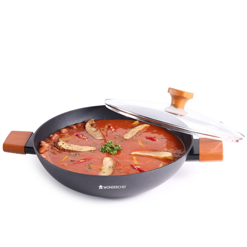 Caesar Forged Kadhai with Glass Lid, 24cm, Black, Greblon C3 Non-stick Coating, Virgin Aluminium, PFOA Free, German Beechwood Handles, Use for Frying, Cooking Rice/ Biryani, Gravies, Dals - Image 6