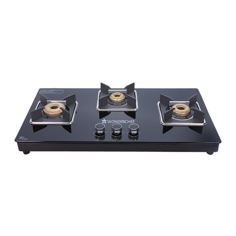 Octavia 3 Burner Glass Hob Top Manual Cooktop | 8mm Toughened Glass | Manual Ignition | Forged Brass Burners | Stainless Steel Drip Tray | Anti-Skid Legs | Large & Heavy Pan support | LPG compatible | Black steel frame | 2 Year Warranty | Black - Image 5
