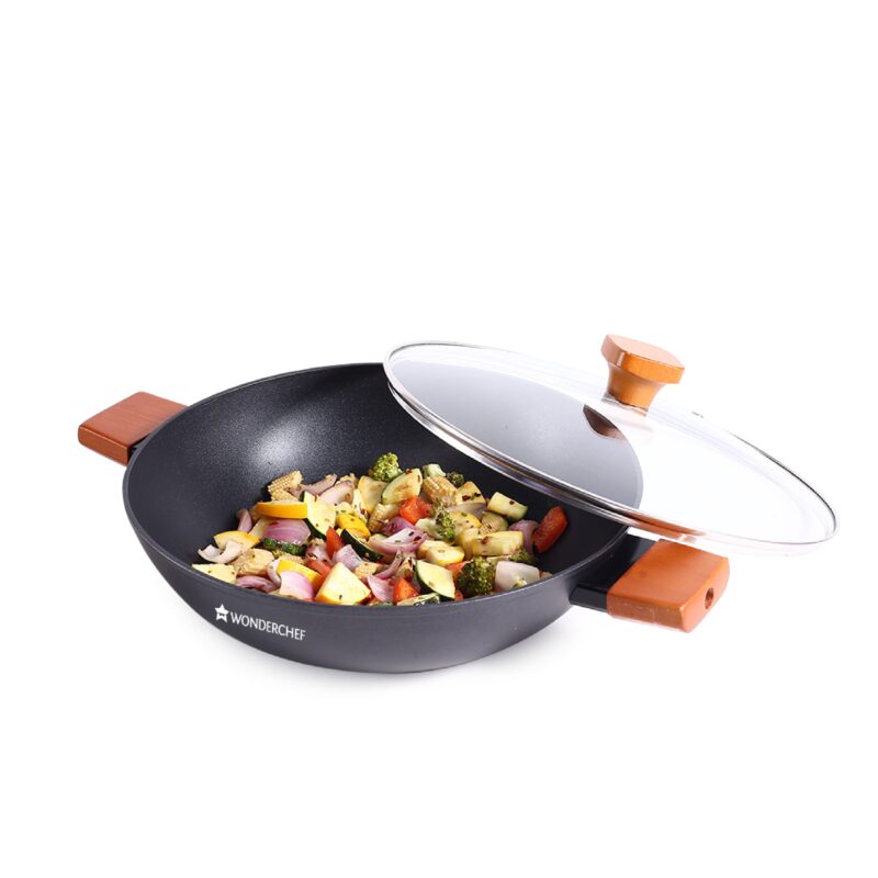 Caesar Forged Kadhai with Glass Lid, 28cm, Black, Greblon C3 Non-stick Coating, Virgin Aluminium, PFOA Free, German Beechwood Handles, Use for Frying, Cooking Rice/ Biryani, Gravies, Dals - Image 6