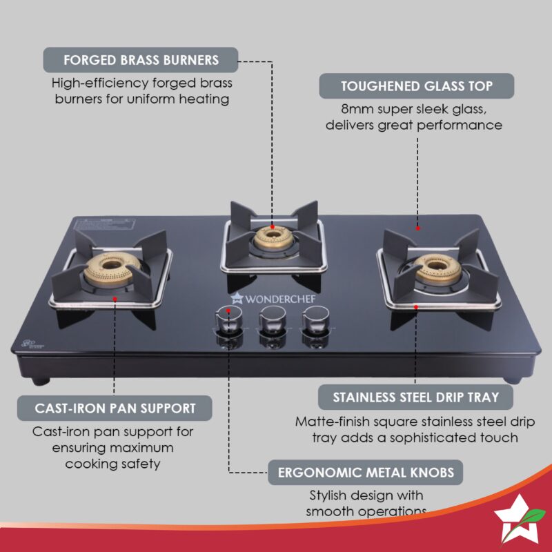 Octavia 4 Burner Glass Hob Top Manual Cooktop | 8mm Toughened Glass | Manual Ignition | Forged Brass Burners | Stainless Steel Drip Tray | Anti-Skid Legs | Large & Heavy Pan support | LPG compatible | Black steel frame | 2 Year Warranty | Black