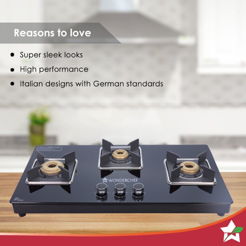 Octavia 4 Burner Glass Hob Top Manual Cooktop | 8mm Toughened Glass | Manual Ignition | Forged Brass Burners | Stainless Steel Drip Tray | Anti-Skid Legs | Large & Heavy Pan support | LPG compatible | Black steel frame | 2 Year Warranty | Black - Image 2