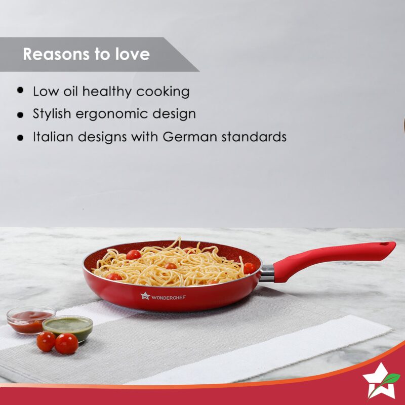 Royal Velvet 24 cm Non-Stick Fry Pan | Induction Bottom | Soft-Touch Handle | Virgin Grade Aluminium | PFOA & Heavy Metals Free | 3 mm | 1.8 litres | 2 Years Warranty | Red - Image 3