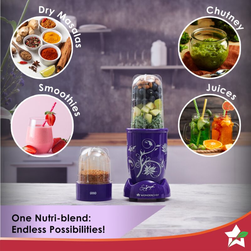 Nutri-blend, 500W, 22000 RPM 100% Full Copper Motor, Mixer-Grinder, Blender, SS Blades, 2 unbreakable Jars, 2 Years warranty, Purple, Recipe Book By Chef Sanjeev Kapoor - Image 2