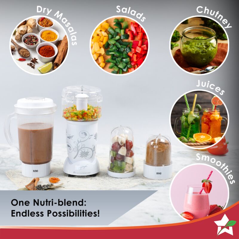 Nutri-blend Juicer, Mixer, Grinder, Smoothie Maker & Chopper | Complete Kitchen Machine | 22000 RPM Blender, Chopper, Juicer | 400W 100% Full Copper Motor | SS Blades | 4 Unbreakable Jars | 2 Years Warranty | Recipe Book By Chef Sanjeev Kapoor | White - Image 2