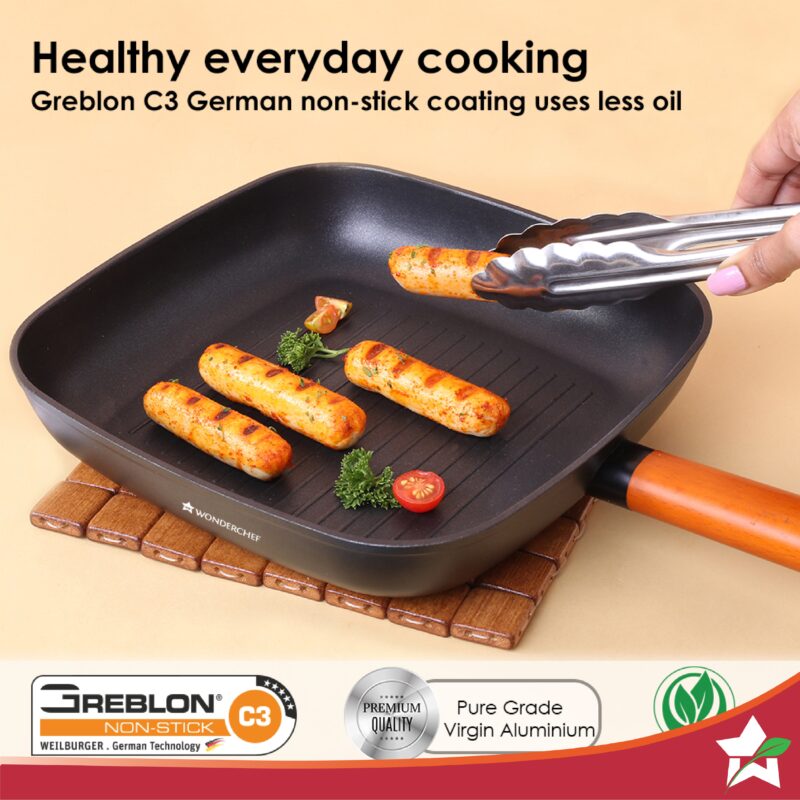Caesar 24 cm Non-stick Grill Pan with Wooden Handle | Grill Pan Non-Stick | 1.4L | 5mm | Black - Image 2