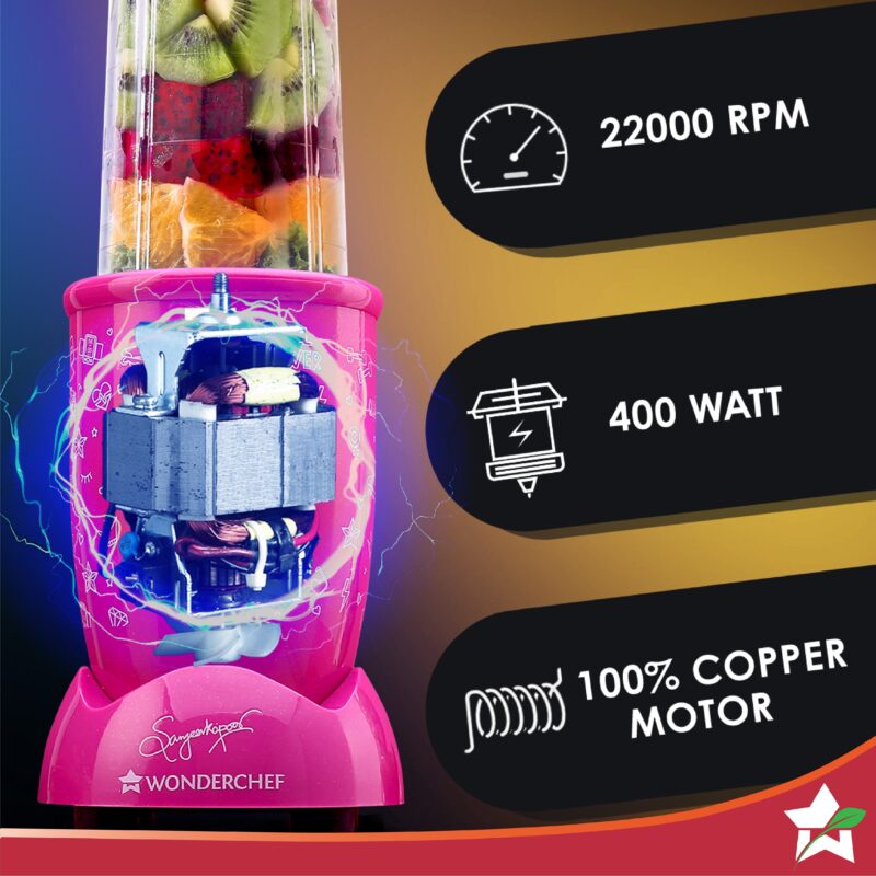 Nutri-blend GO, 22000 RPM 100% Full Copper Motor, 1 Unbreakable Jar, 400 W, 2 Years Warranty, Recipe book by Chef Sanjeev Kapoor, Pink - Image 2