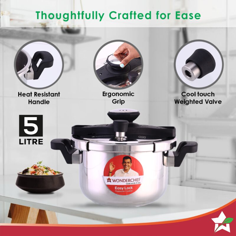 Easy Lock Stainless Steel 5L Outer Lid Pressure Cooker | Induction Compatible | Tri-Ply Bottom | 5 Year Warranty | Free Glass Lid | Silver - Image 2