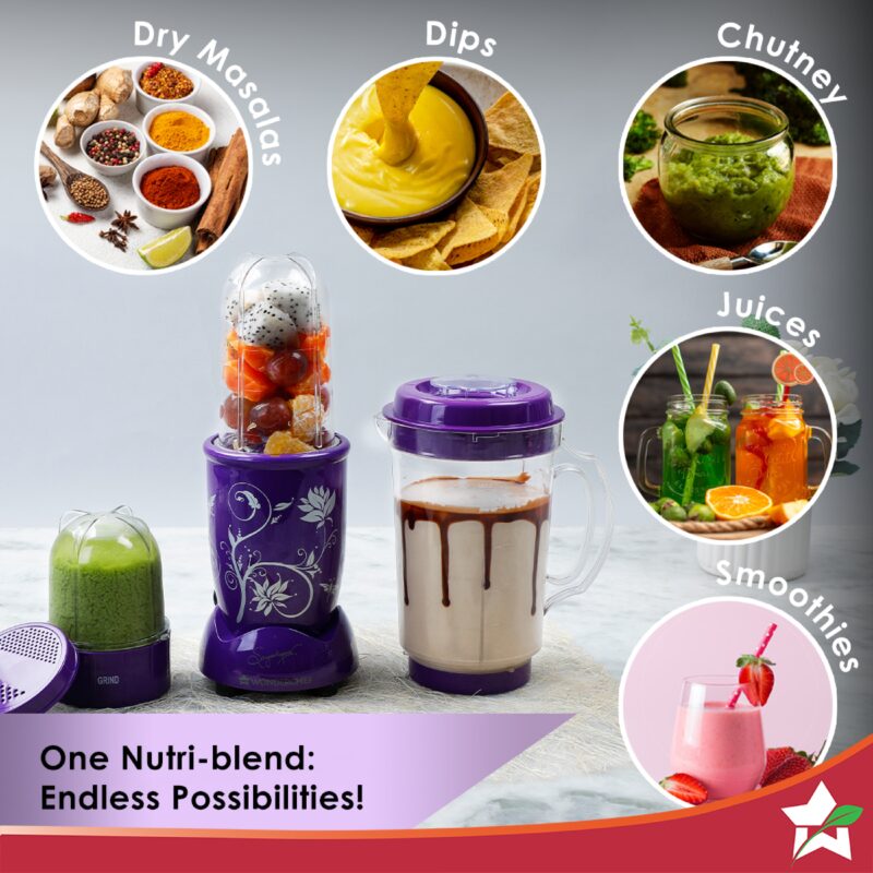 Nutri-blend Juicer, Mixer, Grinder, Blender & Smoothie Maker | 500W 22000 RPM 100% Full Copper Motor | Stainless steel Blades | 3 unbreakable jars | 2 Years warranty | Recipe book by Chef Sanjeev Kapoor | Purple - Image 2