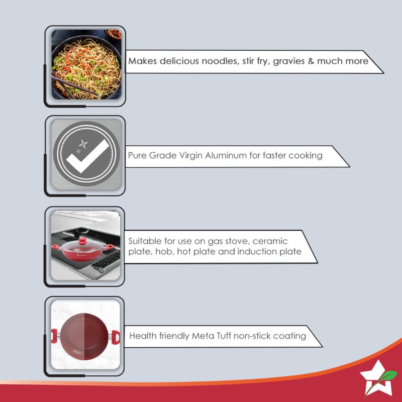 Royal Velvet 26 cm Non-Stick Kadhai with Lid | Induction Bottom | Soft-Touch Handle | Virgin Grade Aluminium |  PFOA and Heavy Metals Free| 3 mm Thickness | 3.2 litres | 2 Years Warranty | Red - Image 2