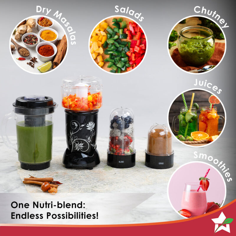 Nutri-blend Juicer, Mixer, Grinder, Smoothie Maker & Chopper | Complete Kitchen Machine | 22000 RPM Blender, Chopper, Juicer | 500W 100% Full Copper Motor | SS Blades | 4 Unbreakable Jars | 2 Years Warranty | Recipe Book By Chef Sanjeev Kapoor | Black - Image 2
