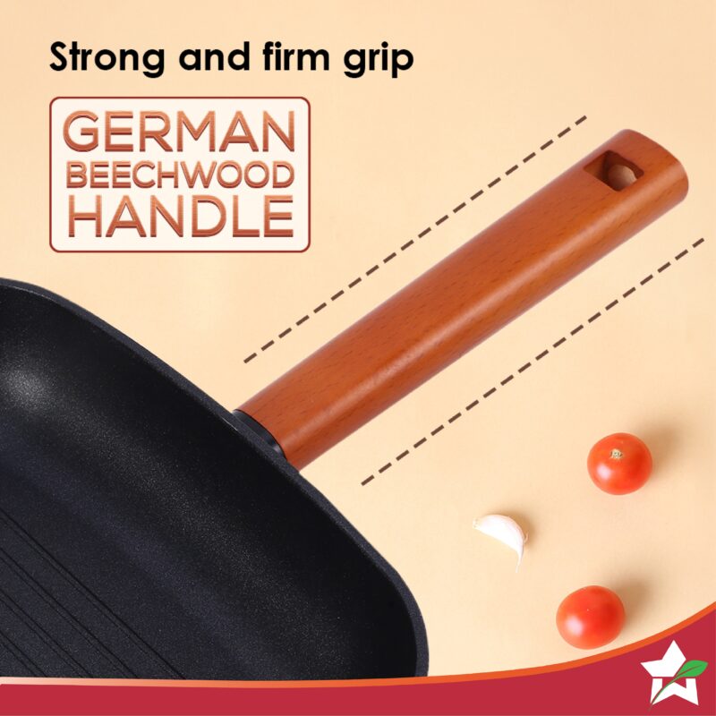 Caesar 24 cm Non-stick Grill Pan with Wooden Handle | Grill Pan Non-Stick | 1.4L | 5mm | Black - Image 3