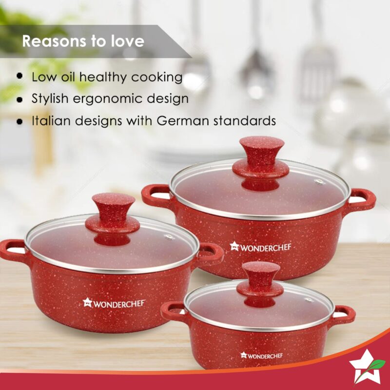 Granite Die-cast Non-stick Casserole Set, 6Pc (1150ML, 2000ML, 4500ML) With Lids, Induction Bottom, Soft Touch Handles, Pure Grade Aluminium, PFOA/Heavy Metal Free, 2 Years Warranty, Red - Image 3