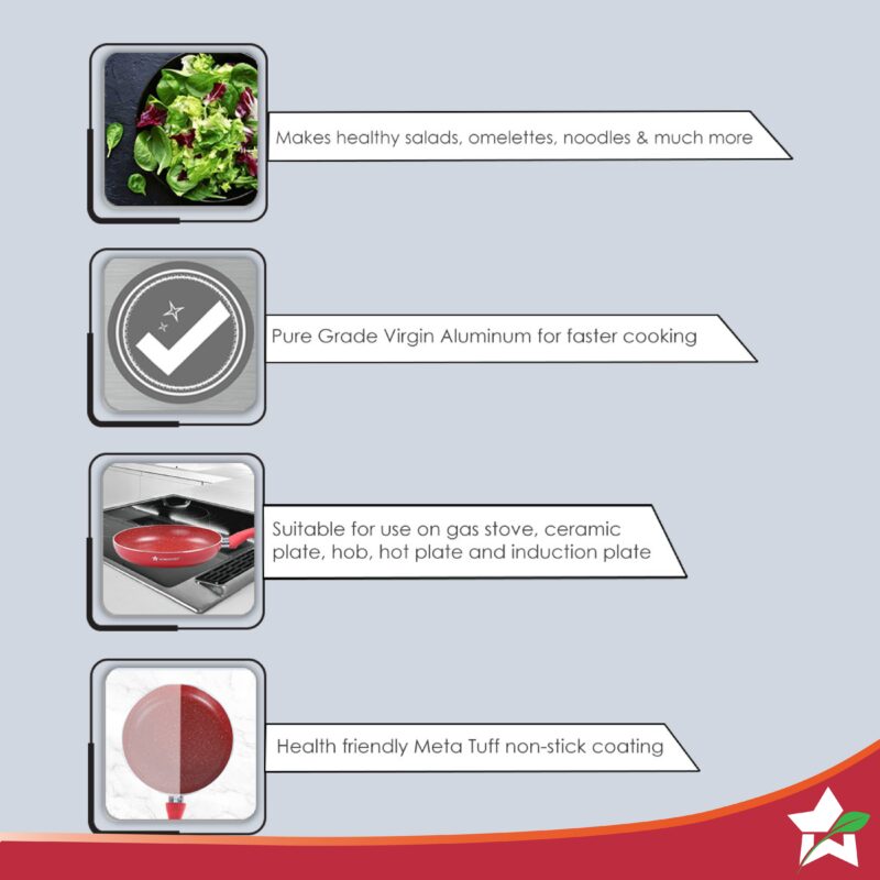 Royal Velvet 24 cm Non-Stick Fry Pan | Induction Bottom | Soft-Touch Handle | Virgin Grade Aluminium | PFOA & Heavy Metals Free | 3 mm | 1.8 litres | 2 Years Warranty | Red - Image 4