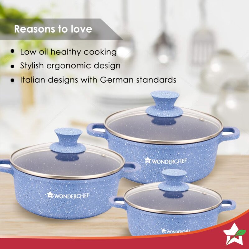 Granite Die-cast Non-stick Casserole Set, 6Pc (1150ML, 2000ML, 4500ML) With Lids, Induction Bottom, Soft Touch Handles, Pure Grade Aluminium, PFOA/Heavy Metal Free, 2 Years Warranty, Blue - Image 3