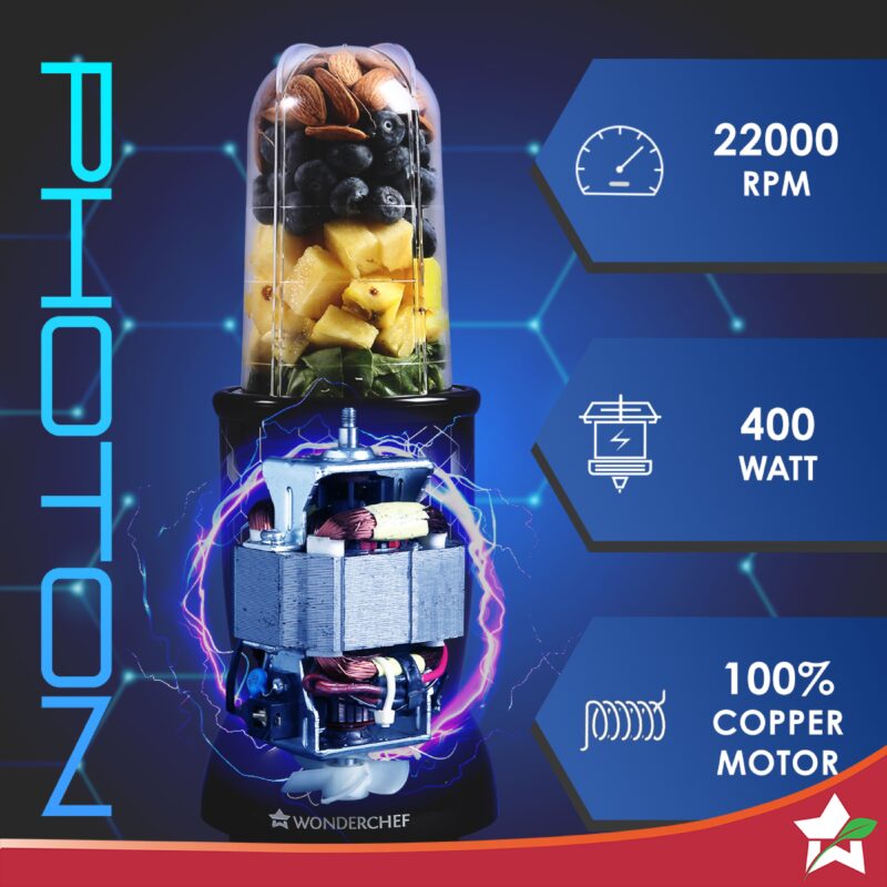 Nutri Blend Photon with Sipper Lid, Mixer, Grinder, Blender & Smoothie Maker | 400 W 22000 RPM 100% Full Copper Motor | Stainless steel Blades | 2 unbreakable jars | 2 Years warranty | Recipe book by Chef Sanjeev Kapoor | Black - Image 3