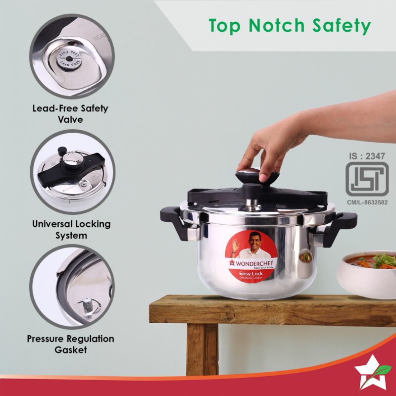 Easy Lock Stainless Steel 5L Outer Lid Pressure Cooker | Induction Compatible | Tri-Ply Bottom | 5 Year Warranty | Free Glass Lid | Silver - Image 3