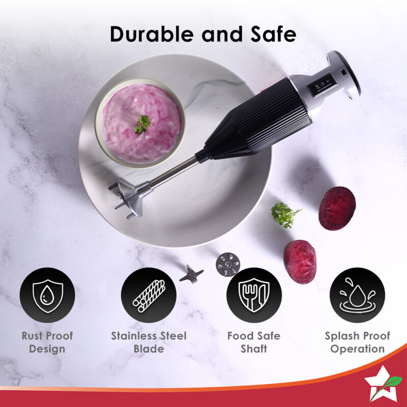 Prima Plus Electric 250W Hand Blender | Portable | Hot & Cold Blending | Food Grade SS Blades | 2 Speed Button | 3 Removable Blades for Blending, Whisking, Chopping | Make Puree, Baby Food, Soup, Smoothie | Wall Mount Holder | 2 Years Warranty | Black - Image 3