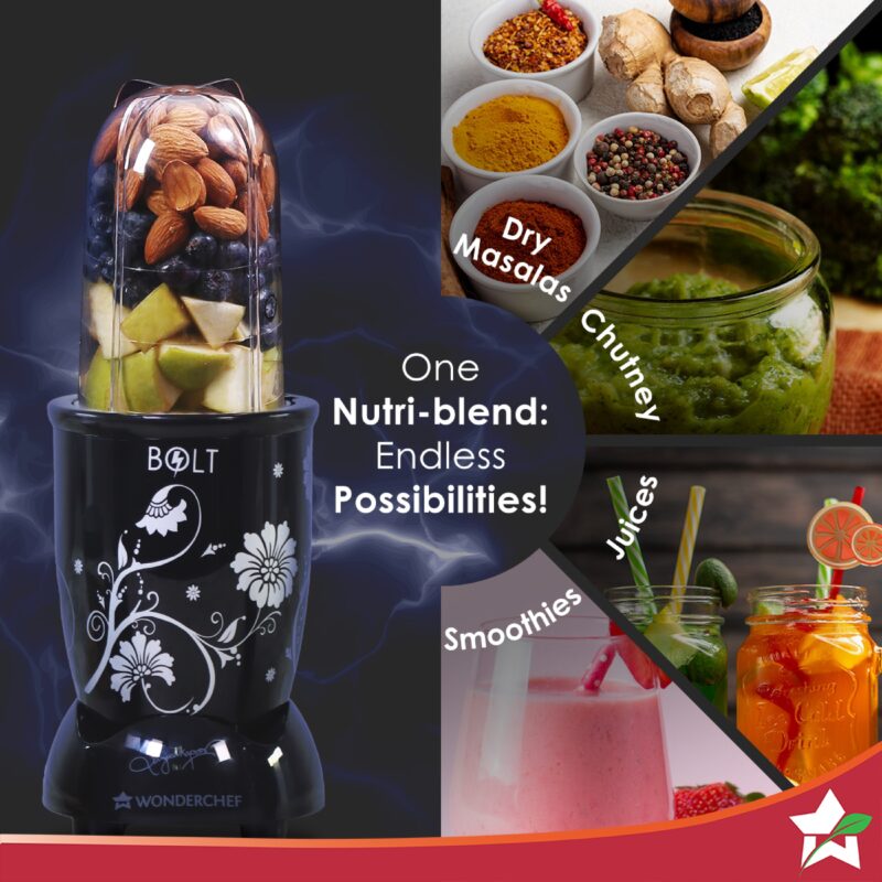 Nutri-blend BOLT Mixer, Grinder, Blender & Smoothie Maker | 600W 22000 RPM 100% Full Copper Motor | Stainless steel Blades | 2 unbreakable jars with Sipper lid | 2 Year warranty | Recipe book by Chef Sanjeev Kapoor | Black - Image 3