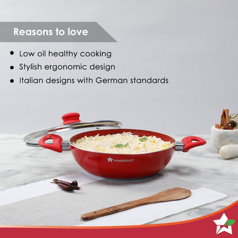 Royal Velvet 26 cm Non-Stick Kadhai with Lid | Induction Bottom | Soft-Touch Handle | Virgin Grade Aluminium |  PFOA and Heavy Metals Free| 3 mm Thickness | 3.2 litres | 2 Years Warranty | Red - Image 4