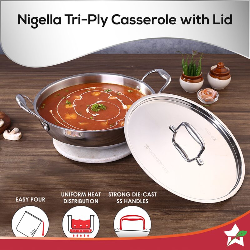 Nigella Tri-ply Stainless Steel 20 cm Kadhai with Lid | 1.5 Litres | 2.6mm Thickness | Kadhai with Induction base | Compatible with all cooktops | Riveted Cool-Touch Handle | 10 Year Warranty - Image 4