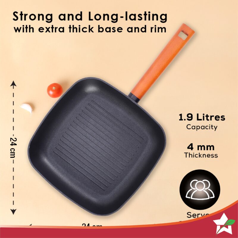Caesar 24 cm Non-stick Grill Pan with Wooden Handle | Grill Pan Non-Stick | 1.4L | 5mm | Black - Image 4