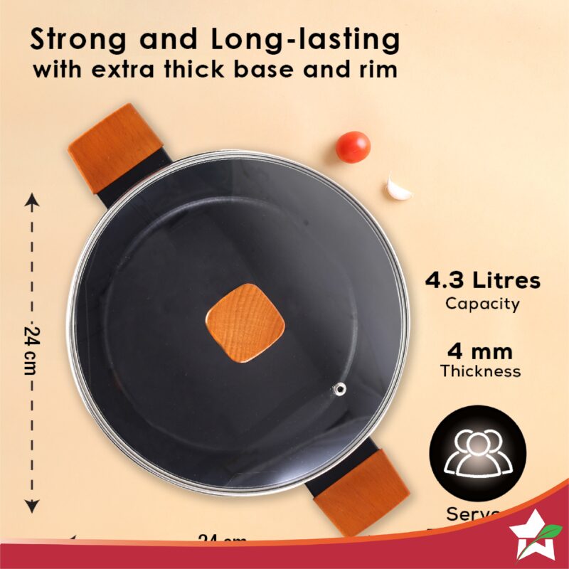 Caesar Non-Stick Casserole with Lid, German Beechwood Handle, Pure Grade Aluminium, Induction Bottom, 5 mm, Black, 5 Years Warranty - Image 4