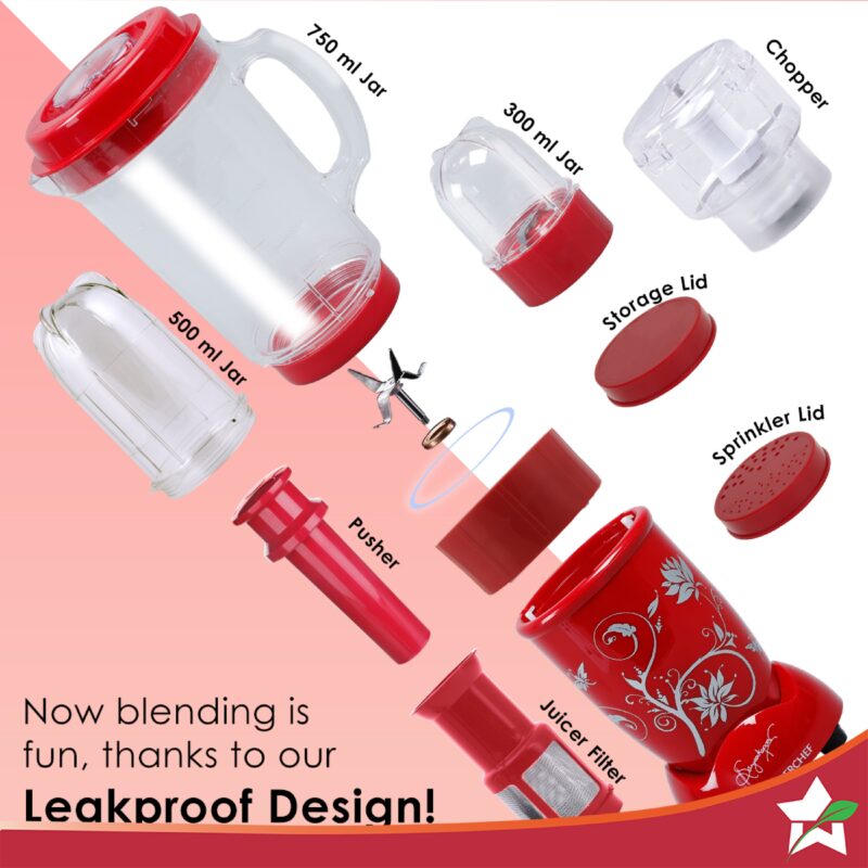 Nutri-blend Juicer, Mixer, Grinder, Smoothie Maker & Chopper | Complete Kitchen Machine | 22000 RPM Blender, Chopper, Juicer | 500W 100% Full Copper Motor | SS Blades | 4 Unbreakable Jars | 2 Years Warranty | Recipe Book By Chef Sanjeev Kapoor | Red - Image 4