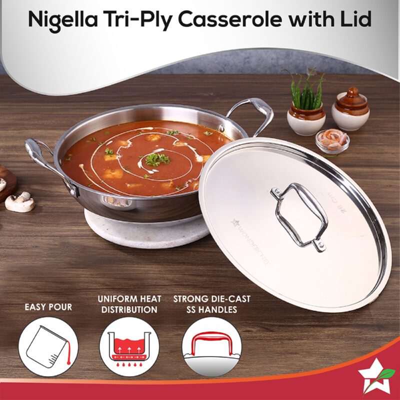 Nigella Tri-Ply Stainless Steel 30 cm Kadhai with Lid | 4.6 Litres | 2.6mm Thickness | Kadhai with Induction base | Compatible with all cooktops | Riveted Cool-Touch Handle | 10 Year Warranty - Image 4