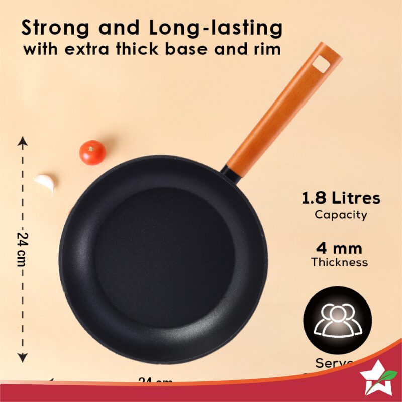 Caesar 24 cm Non-Stick Fry Pan | Induction Bottom | Wooden Handle | Pure Grade Aluminium | Frying Pan Non Stick | 1.7 L | 5 mm | 5 Years Warranty | Black - Image 4