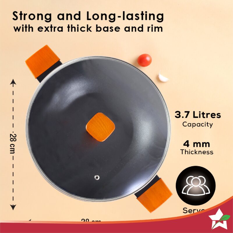 Caesar Forged Kadhai with Glass Lid, 28cm, Black, Greblon C3 Non-stick Coating, Virgin Aluminium, PFOA Free, German Beechwood Handles, Use for Frying, Cooking Rice/ Biryani, Gravies, Dals - Image 4