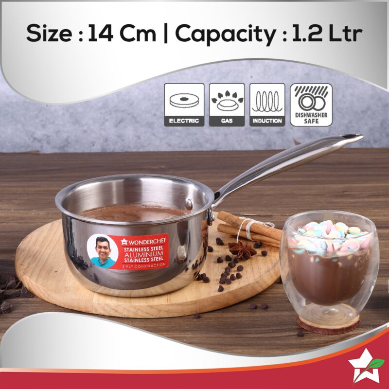 Nigella Tri-Ply 14 cm Sauce Pan | 1.2 Liters | 2.5 mm Thickness | Silver | 10 Years Warranty - Image 5