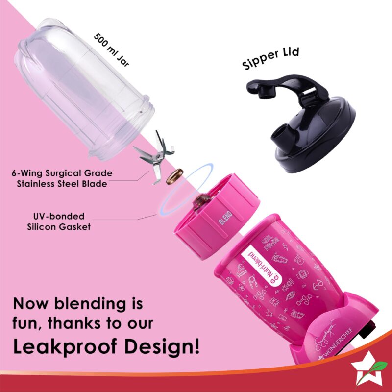 Nutri-blend GO, 22000 RPM 100% Full Copper Motor, 1 Unbreakable Jar, 400 W, 2 Years Warranty, Recipe book by Chef Sanjeev Kapoor, Pink - Image 5