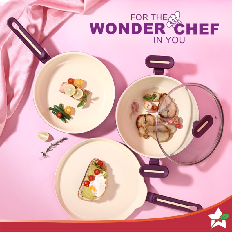 Bellagio Ceramic Non-stick 4 pc Cookware Set, Kadhai with Lid, Fry Pan & Dosa Tawa, Deep Purple, 2 Years Warranty - Image 5