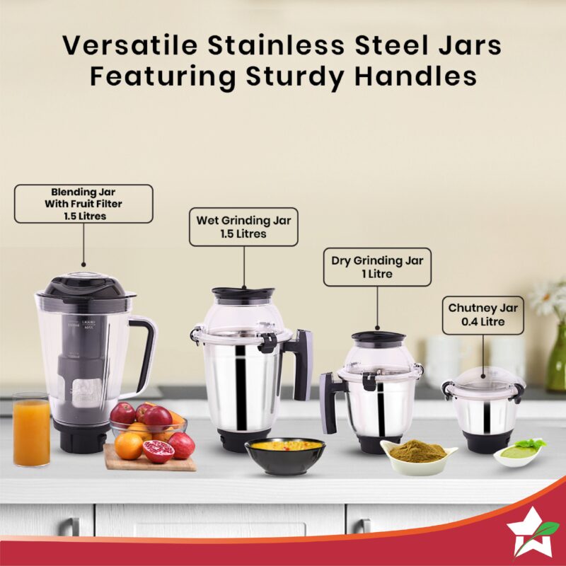 Galaxy Mixer Grinder 750W 100% Copper Motor, 4 Stainless Steel Jars, Black & Grey, 5 Years Warranty - Image 5