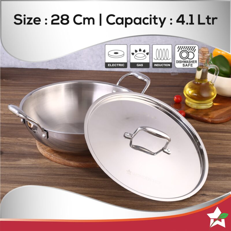 Nigella Tri-Ply Stainless Steel 28 cm Kadhai with Lid | 4.1 Litres | 2.6mm Thickness | Kadai with Induction base | Compatible with all cooktops | Riveted Cool-Touch Handle | 10 Year Warranty - Image 5