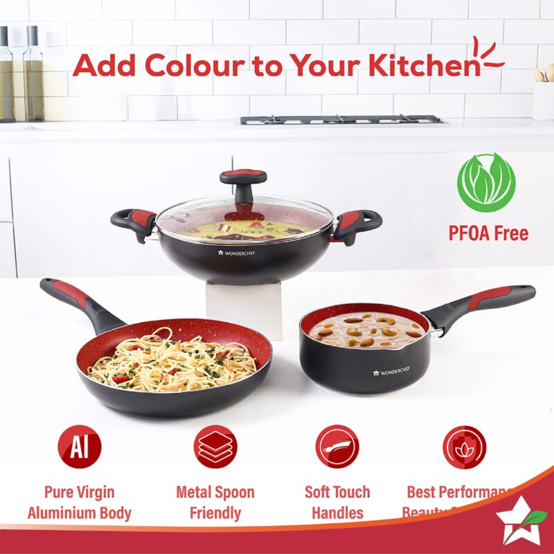 Burlington Aluminum Non-Stick Cookware 4 pc Set | Kadhai with Glass Lid 1.15L, Sauce Pan 2.6L, Fry Pan 1.7L | Induction Bottom | Soft Touch Handles | Pure Grade Aluminium | PFOA Free | 2 Year Warranty | Red/Black - Image 7
