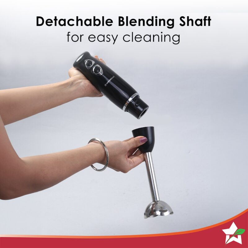Prima Electric 180 W Hand Blender I Portable | Compact Easy Grip Body I Single Push Button Operation | Sharp Food Grade Anti Rust Stainless Steel Blades | Make Puree, Baby Food, Soup, Smoothie | Detachable Stainless Steel Shaft | 2 Years Warranty | Black - Image 6