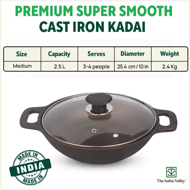 Super Smooth Cast Iron Kadai (Wok)+ Glass Lid, Pre-seasoned, Nonstick, 100% Pure,Toxin-free, 25.4cm, 2.5L, 2.4kg - Image 2