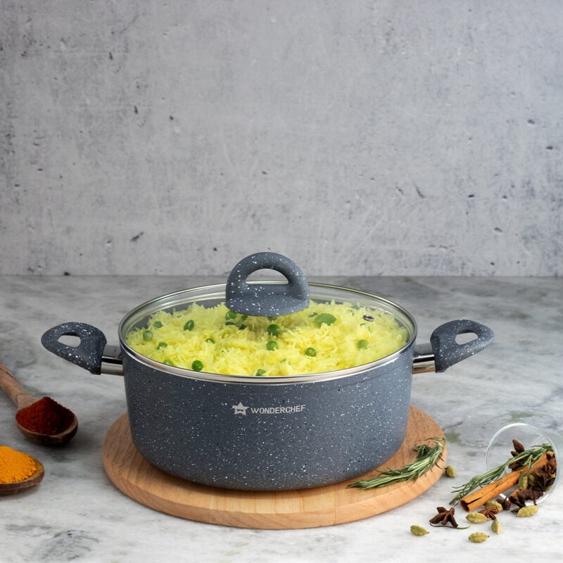 Granite 24 cm Non-Stick Casserole | Glass Lid |Induction Bottom | Soft-Touch Handles | Virgin Aluminium | PFOA and Heavy Metals Free | 3.5mm | 4 liters | 2 Year Warranty | Grey - Image 2