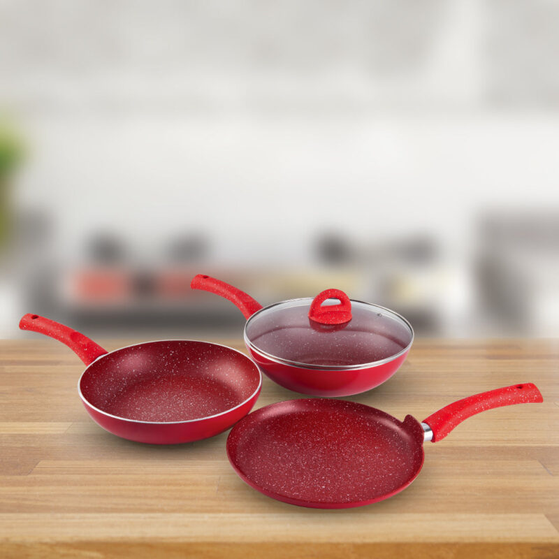 Granite Non-stick Cookware Set, 4Pc (Frying Pan With Lid, Wok, Dosa Tawa), Induction Bottom, Pure Grade Aluminium, PFOA, 3.5mm, 2 Years Warranty, Red - Image 7