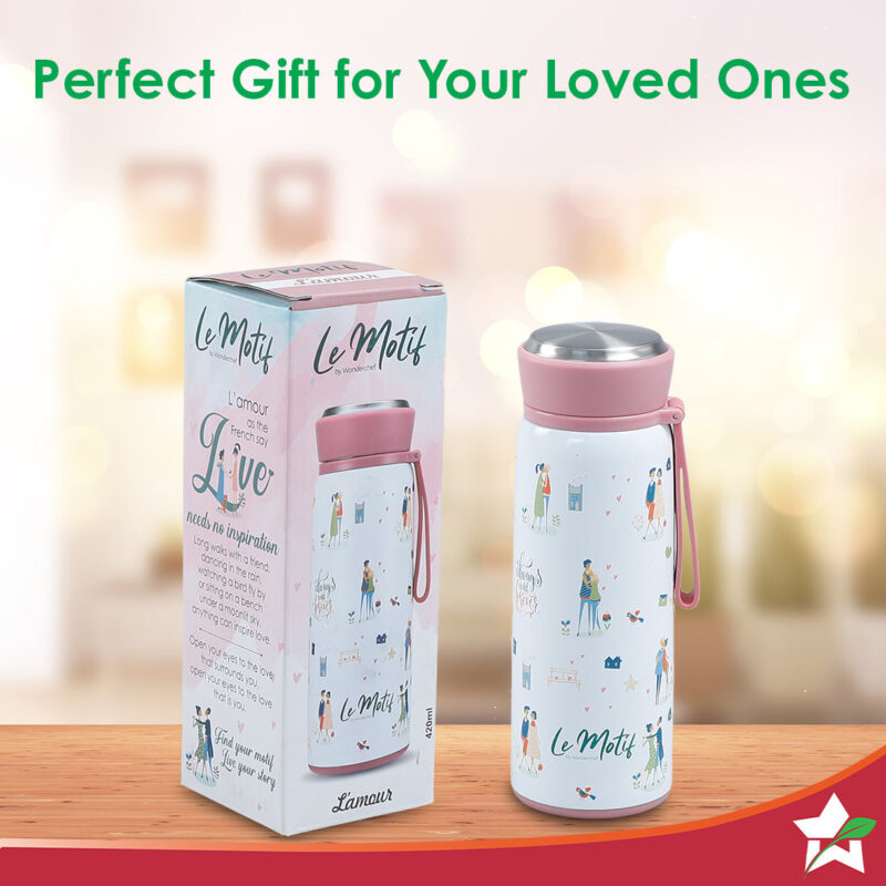 Le Motif L'amour, 420ml, Stainless Steel Double wall Water Bottle, 3D Embossed Design, Spill & Leak Proof, 2 Years Warranty - Image 6