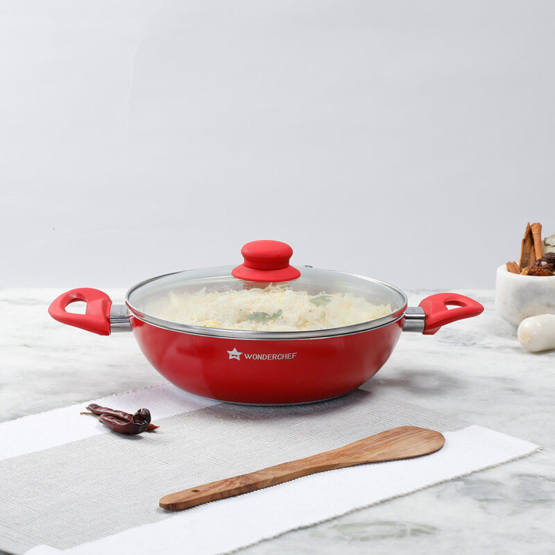 Royal Velvet 26 cm Non-Stick Kadhai with Lid | Induction Bottom | Soft-Touch Handle | Virgin Grade Aluminium |  PFOA and Heavy Metals Free| 3 mm Thickness | 3.2 litres | 2 Years Warranty | Red - Image 6