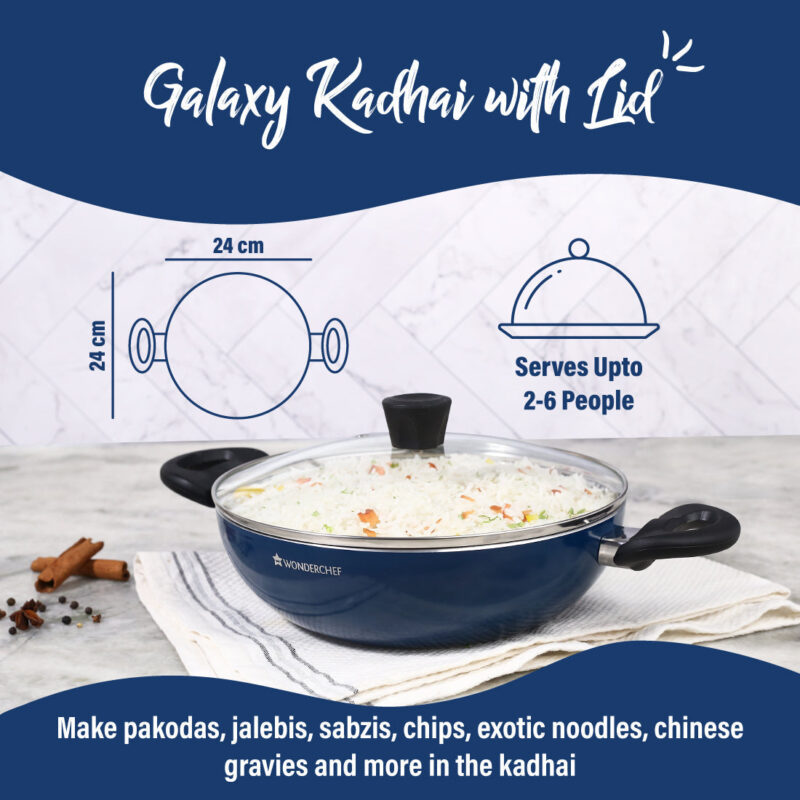 Wonderchef Renewed Galaxy 24cm Kadhai (without Lid) | 2L | Cool Touch Bakelite Handles | Pure Grade Aluminium| PFOA Free - Image 2