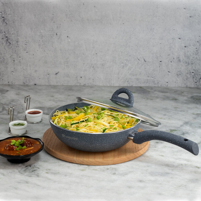 Granite 26cm Non-Stick Wok | Glass Lid | Induction Bottom | Soft-Touch Handles | Virgin Aluminium | PFOA and Heavy Metals Free | 3.5mm Thick| 26cm, 3.1 litres | 2 Year Warranty | Grey - Image 2