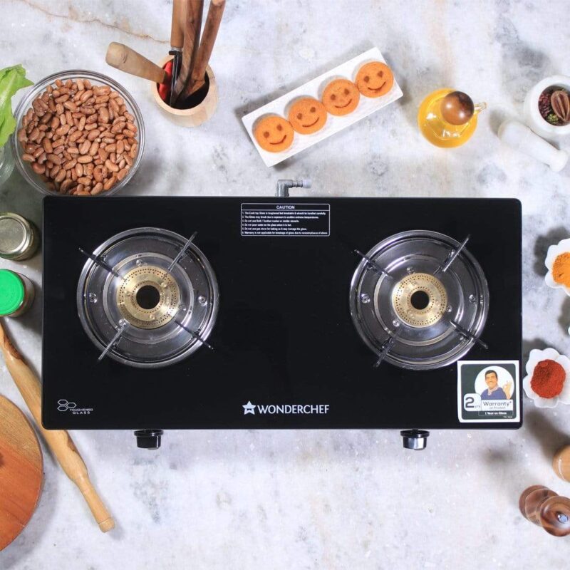 Power 2 Burner Glass Cooktop, Black 6mm Toughened Glass with 1 Year Warranty, Ergonomic Knobs, Tri Pin Brass Burner, Stainless-steel Spill Tray, Manual Ignition - Image 5