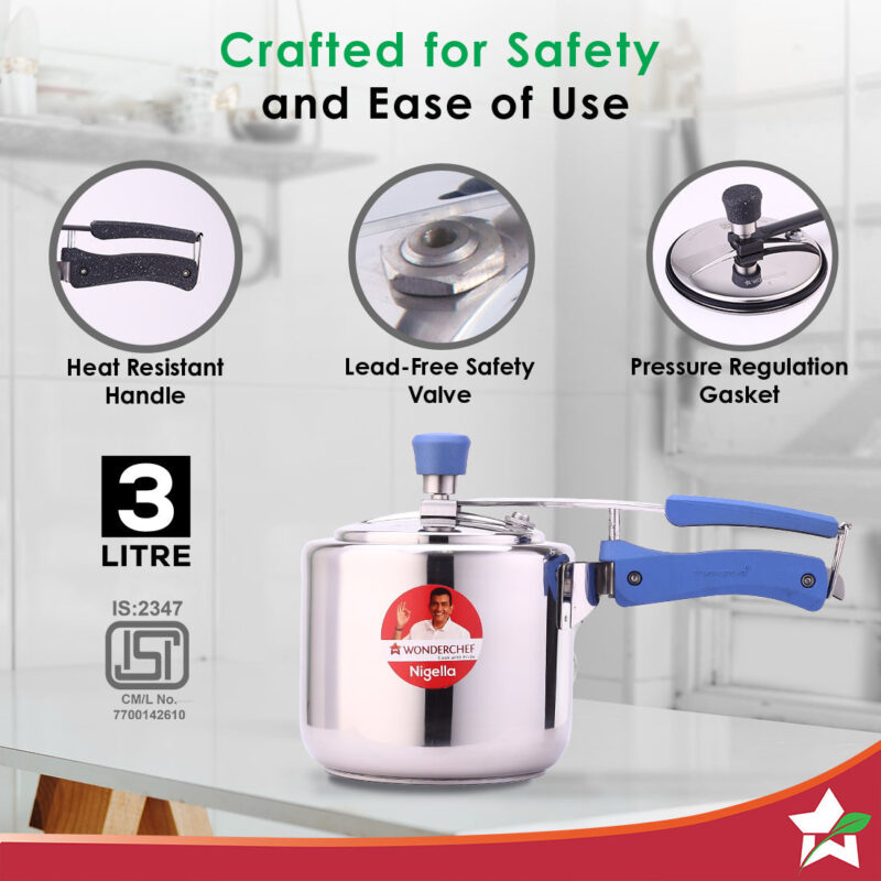 Nigella Stainless Steel 3L Inner Lid Pressure Cooker | 6mm thick bottom | Soft Touch Handles | Induction Friendly | Silver - Image 2
