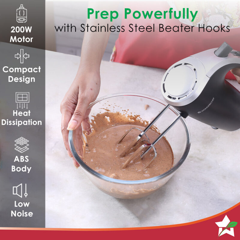 Onyx 5 Speed Electric Hand Mixer | 300W Powerful & Silent Copper Motor I Adjustable Slow Speed Start I Hand Blender | Stainless Steel Whisk Beaters and Dough Hooks | 1 Year Warranty |Whisk Eggs I Cake Mixer I Dough Maker I Bakeware I Black & Steel - Image 2